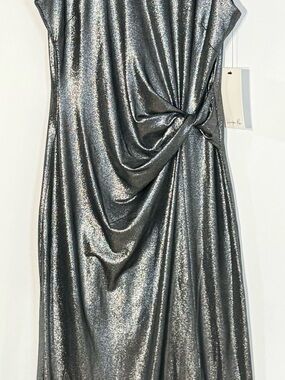 NWT Harper Rose Wedding Guest Metallic Maxi Dress Silver Mock Neck Knot Front